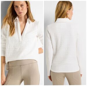 Nic+Zoe Textured Stripe Polo Womens L Long Sleeve Collared White Coastal Preppy